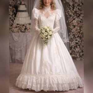 Unbranded Vintage 80s Ivory Taffeta Hi Neck Long Sleeve Wedding Dress sz 4